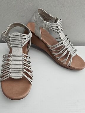 BareTraps Metallic Silver Braided T-Strap Wedge Sandals